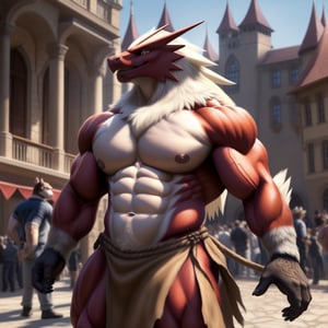 full_body, male, blaziken, mega milk, big_muscle, large_muscles, nipples, areola, large nipples, pecs, large pecs,( dress, bare_pecs, bare_pectorals, bare_chest, lioncloth) , nippes, pink nipples, natural fur, inner ear fluff, neck tuft, chest tuft, hindpaw, fluffy, detailed fur, castle, public, audience, spectators, fantasy, building , detailed background, realistic, photorealistic, ultra realistic, 8k, realistic, every detail of this beautiful, insanely detailed, detailed background, , beautiful, detailed intricate, ultra realistic. 5_figner,