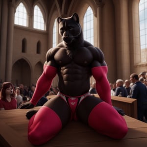 fantasy ,Full body, male ,anhtro , big_cat, black_panther, black fur,pantherine, paws , muscle, bodybuld, hyper muscle ,( femboy outfits, black panties ,black arm_warmers ,lingeries), niples, male_nipples ,shy, shy_expresion, blushing, sexy pose , castle ,interior of a castle, audience, audience, public, public reacts, full of anhtro people ,hyper realistic fur, natural fur, detailed fur, inner ear fluff, neck tuft, chest tuft, hindpaw,realistic fur ,fluffy ,realistic, photorealistic, every detail of this beautiful, insanely detailed, detailed background, insanely detailed, perfect composition, beautiful, detailed intricate, ultra realistic, 8k.