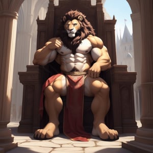 full_body, anthro, male, lion, anthro_feline, bodybuild, big_muscle, large_muscles,cat_eyes,(lion, dress, bare_pecs, bare_pectorals, bare_chest, lioncloth) , curly_hair, longhair, nippes, pink nipples, natural fur, inner ear fluff, neck tuft, chest tuft, hindpaw, fluffy, detailed fur, castle, throne room, public, audience, spectators, , fantasy, building , detailed background, realistic, photorealistic, ultra realistic, 8k, realistic, every detail of this beautiful, insanely detailed, detailed background, , beautiful, detailed intricate, ultra realistic. 5_figner,