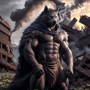 uploaded on e621,  high_resolution,  anthropomorphic,  masterpiece,  highres,  best quality,  hd,  4k,  8k,  (male, male focus:1.7) ((blaidd (elden ring)), anthro, wolf, detailed purple eyes, black body, black fur, topless, cape)), solo, solo focus (muscle, abs, navel:1.5),  (standing, looking_at_viewer, loincloth:1.5),  ((  outdoors, fantasy, destroyed city, ruined city, smoke coming out of buildings, meadow:1.8 )),  (by personalami,  by thebigslick,  by honovy,  by oouna), 