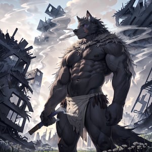 uploaded on e621,  high_resolution,  anthropomorphic,  masterpiece,  highres,  best quality,  hd,  4k,  8k,  (male, male focus:1.7) ((blaidd (elden ring)), anthro, wolf, detailed purple eyes, black body, black fur, topless, cape)), solo, solo focus (muscle, abs, navel:1.5),  (standing, looking_at_viewer, loincloth:1.5),  ((  outdoors, fantasy, destroyed city, ruined city, smoke coming out of buildings, meadow:1.8 )),  (by personalami,  by thebigslick,  by honovy,  by oouna), 