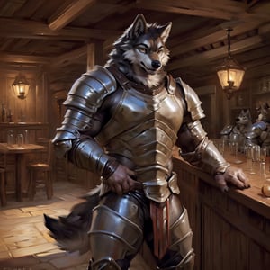 (by taran fiddler), (by darkgem:0.8), (by chunie:1), (((( male, male focus )))), ((((,wolf, solo, 1boy:1.2 )))), (((( muscle:1.3)))),  (((, light armor, leather armor:1.4 ))), (((( pose, standing, posing:1.1)))), ((( indoor, tavern, inn, fantasy ))), 