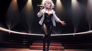 masterpiece, mature woman,short wavy hair, white hair,red eyes,full red lips, slim body, breasts,((black bodysuit))white short jacket,black dance shoes,music concert stage,lighting,solo girl,singing with microphone in hand,  full body,