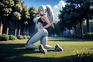  Masterpiece, 1 girl ,Long hair up,hair with bangs,white hair,white eyes,Full lips,sleender body,large breast,large ass, full body, Tight-fitting black and transparent sportswear,Black sneakers,Natural scenery, park, trees and plants, sunlight,1 girl,yuzu, Posing sensually,  , 16k.,EpicSky