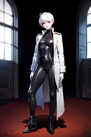 masterpiece, mature woman,short hair, white hair,red eyes,black lips,big lips,slim body(((Black bodysuit))),((white military band jacket)),(black gloves),black dancing shoes,scenary,posing,full body,