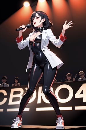 masterpiece, mature woman,short wavy hair, black hair,red eyes,full red lips, slim body, breasts,((black bodysuit))white short jacket,black dance shoes,music concert stage,lighting,solo girl,singing with microphone in hand, full body,