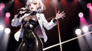 masterpiece, mature woman,short wavy hair, white hair,red eyes,full red lips,slim body,largest breasts((black bodysuit))small white jacket,black dance shoes,music concert stage,lighting,solo girl,singing with microphone in hand,High detailed,blurry_light_background