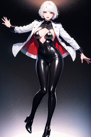 masterpiece, mature woman,short hair, white hair,red eyes,black lips,big lips,slim body,((black bodysuit and white rocker jacket)),black dance shoes, scenary,Kpop dance,full body,