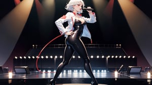 masterpiece, mature woman,short wavy hair, white hair,red eyes,full red lips,slim body,breasts,big ass((black bodysuit))small white jacket,black dance shoes,music concert stage,lighting,solo girl,singing with microphone in hand,full body,