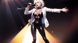 masterpiece, mature woman,short wavy hair, white hair,red eyes,full red lips,slim body,largest breasts((black bodysuit))small white jacket,black dance shoes,music concert stage,lighting,solo girl,singing with microphone in hand,full body,