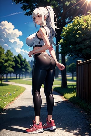  Masterpiece, 1 girl ,Long hair up,hair with bangs,white hair,white eyes,Full lips,sleender body,large breast,large ass, full body, Tight-fitting black and transparent sportswear,Black sneakers,Natural scenery, park, trees and plants, sunlight,1 girl,yuzu, Posing sensually,  , 16k.,EpicSky