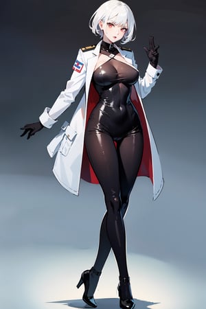 masterpiece, mature woman,short hair, white hair,red eyes,black lips,big lips,slim body,((Black bodysuit and all-white military jacket)),black dance shoes, scenary,Kpop dance,full body,