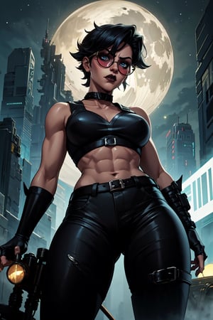vayneSoL, 1girl, short hair, fingerless gloves, blue eyes, black sunglasses, round eyewear, breasts, solo, hair between eyes, thick thighs, black lips, black jean pants ripped on the thighs, black shirt, neckline, v-neck, black belt, black gloves, fingerless gloves, muscular abdomen, toned, navel, abs, collarbone, muscular female, thigh high black boot, open sleeveless black leather jacket with spikes on the shoulders, black leather collar with spikes, (masterpiece:1.2), (best quality), (ultra detailed), (8k, 4k, intricate), (highly detailed:1.2), (detailed face:1.2), (detailed background), riding in a big black motorcycle, route of a neon cyberpunk city at night background, night full of stars and a big moon, arcane style