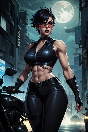 vayneSoL, 1girl, short hair, fingerless gloves, blue eyes, black sunglasses, round eyewear, breasts, solo, hair between eyes, thick thighs, black lips, black jean pants ripped on the thighs, black shirt, neckline, v-neck, black belt, black gloves, fingerless gloves, muscular abdomen, toned, navel, abs, collarbone, muscular female, thigh high black boot, open sleeveless black leather jacket with spikes on the shoulders, black leather collar with spikes, (masterpiece:1.2), (best quality), (ultra detailed), (8k, 4k, intricate), (highly detailed:1.2), (detailed face:1.2), (detailed background), riding in a big black motorcycle, route of a neon cyberpunk city at night background, night full of stars and a big moon, arcane style