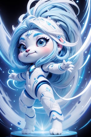 ((best quality)), ((masterpiece)), ((ultra-detailed)), high_resolution, furry creature, blue hair with white highlights, white hair, blue hair, blue eyes, dynamic pose, full body, :), happy, High detailed,  little creature, cute criature, chibi, ai reference