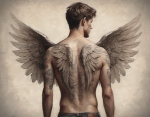 Hyperreal digital art style "Tattoo of an angel on the back of a man" fantasy illustration by Andreas Lie Luke Gram photorealism