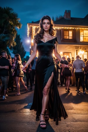 realistic, detailed, extremely detailed, Photorealistic, masterpiece, beautiful lighting, real image, hyperrealistic, 8k, cinematic, best shadow, detailed background, exquisite facial features, full body,


(((( Realistic, The image is of a woman wearing a black dress. In a night party )))), 

Hyperrealistic photo
