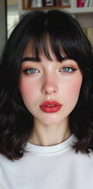 1girl, solo, long hair, looking at viewer, blush, bangs, blue eyes, shirt, black hair, white shirt, upper body, parted lips, blunt bangs, lips, eyelashes, makeup, wavy hair, pale skin, red lips