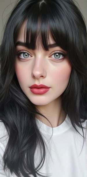 1girl, solo, long hair, looking at viewer, blush, bangs, blue eyes, shirt, black hair, white shirt, upper body, parted lips, blunt bangs, lips, eyelashes, makeup, wavy hair, pale skin, red lips