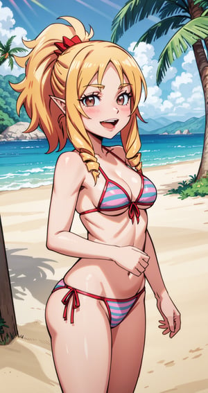 best quality, (masterpiece:1.2), highly detailed,
outdoors, beach, sand, sea, sunrays,
, yamada elf,
1girl, solo, standing, from front, looking at the viewer, open mouth, smile, blush,
blonde hair, long hair, ponytail hair, drill hair, brown eyes, pointy ears, small breasts, 
pink bikini, striped, red hairbow, side-tie bikini bottom, front-tie bikini top,yamada elf
