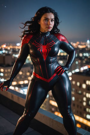 Upper body photo of Plus size girl wearing Spiderman costume, futuristic Spiderman, on a tall rooftop, midnight time, armoured Spiderman, wavy black hair blown by wind, ray tracing, reflections, dramatic atmosphere