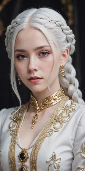 1girl, solo, jewelry, complex braided white hair, aesthetic background, albino, traditional royal suit, beautiful eyes, upper body, masterpiece, 4K