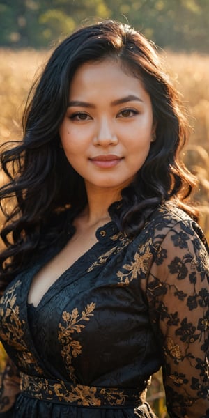Upper body photo of beautiful Indonesian woman, 30yo, shadow, sunlight, plus size body, beautiful aesthetic autumn meadow, photography wallpapers, aesthetic, black wavy hair blown by wind, black lace batik kebaya traditional Indonesia, clothes blow by wind, slightly smile, lens flare, pale skin, skin blemishes, fun pose