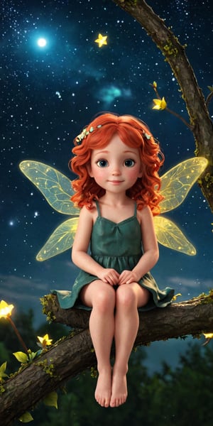Generate A little fairy with red wavy hair with wings sitting on a branch , 1 girl,3D MODEL,firefliesfireflies,night sky,