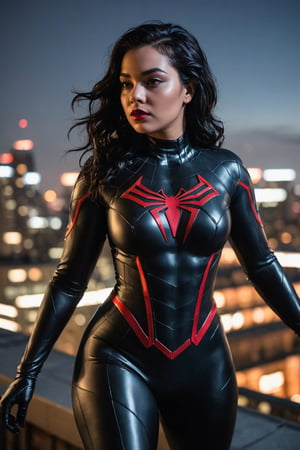 Plus size girl wearing Spiderman costume, futuristic black Spiderman, on a tall rooftop, midnight time, armoured Spiderman, wavy black hair blown by wind, ray tracing, reflections, dramatic atmosphere 