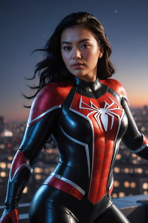 Upper body photo of Plus size girl wearing Spiderman costume, futuristic Spiderman, on a tall rooftop, midnight time, 3D embossed Spiderman logo, armoured Spiderman, wavy black hair blown by wind, ray tracing, reflections, dramatic atmosphere
