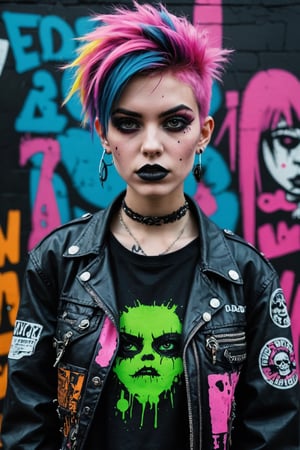 1girl, punk attitude, toxic palette, messy hairstyle, merge vibrant of pop art style and gloominess of gothic style, intricate detail, dark comedy embience, Tech street wear