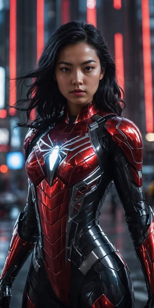 1girl, wavy black hair blown by wind, wearing futuristic Spiderman, armor and weapons, reflection mapping, realistic figure, hyperdetailed, cinematic lighting photography, red lighting on suit, By: panchovilla, mecha, cyborg style, Movie Still