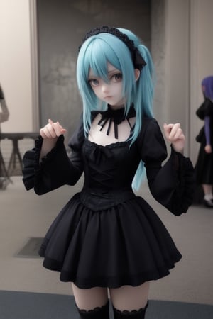 A  anime diferent hair color  girls using a dark gothic_suits on escenario 