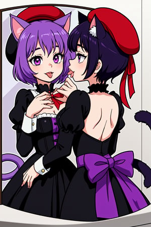 a girl wearing a black Victorian idol dress with purple and red stripes, with a turquoise bow on her chest, a black with red and purple beret and who has white cat ears and a cat tail, who has purple eyes and is kissing her reflection of tongue in the mirror but that its reflection is 100 percent simila