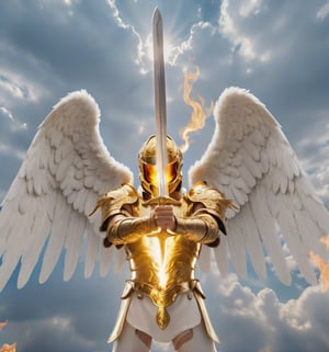 An angel wearing a golden armor, holding in is hands a sword in flames, in front of his face with his open wings in the Middle of the sky between the clouds like the image2image 8k