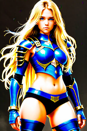 
blue armor, with black with gold details on the chest and ribs, the abdomen visible, wearing blue shorts, and high boots, with long blonde hair, high definition realistic image