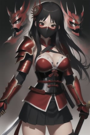 Red mask, red forhead_protector, red_samurai_short_armour_corset_like red miniskirt red metal, japanese_beauty, sexyfitt, with two kodashi_sword, black long hair yamamoto_princess like