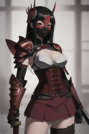 Red mask, red forhead_protector, red_samurai_short_armour_corset_like red miniskirt red metal, japanese_beauty, sexyfitt, with two kodashi_sword, black long hair yamamoto_princess like