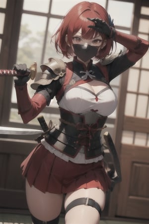 Red mask, red forhead_protector, red_samurai_short_armour_corset_like red miniskirt, japanese_beauty, sexyfitt, with two kodashi_sword