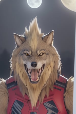 Werewolf Brown fur, with a blonde mohawk, red bright eyes, red and black armor metalic, with a full moon in the background image ReAlistic 8k quality 