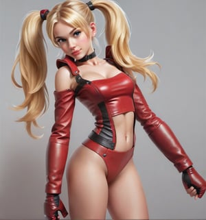 ReAlistic girl dressed in red leather, blonde hair and beautiful face the same pose and clothes of the image2image in full body with two ponytails