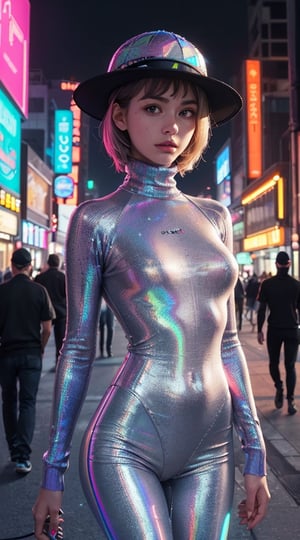 a 18 yo woman, ((Small Breasts:0.8)), ((Cara Delevingne:0.3), (Kasumi Arimura:0.7)), (hi-top fade:1.3), soothing tones, muted colors, high contrast, (natural skin texture, hyperrealism, soft light, sharp), ((((A futuristic depiction of a woman in a holographic turtleneck sweater and a hat made of metal, in a busy street in a neon-lit city. She is a vision of the future, and she is confident and stylish.))))