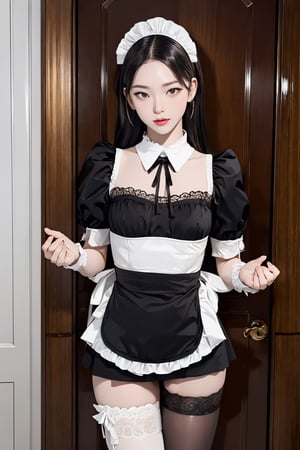 nsfw, thigh up body, 1girl, looking at viewer, maid, thighhigh, high quality, ultra detailed, highres, 8k, accurate color reproduction, intricate background, best quality, photo by Canon 5d, 50mm ZEISS lens, sharp focus, natural lighting, profesional and intricate lighting, wide angle, chimai,aespakarina