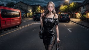 half body, 1girl, looking at viewer, off-shoulder black shirt, skirt, black choker, (faded ash gray hair:1), slim, (black pantyhose:1.2), (grey sneakers:1.2), detailed clothing, cutout clothing, hair accessories, different hairstyle, earrings, pussy edge,
outdoors, night, cinematic composition, dynamic composition, dynamic angle, cowboy shot, 
digital painting, official art, unity 8k wallpaper, masterpiece, best quality, 