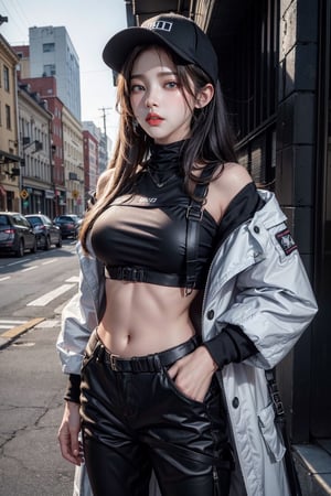 Masterpiece, Detailed,1girl,mouth mask, looking at viewer, hands in pockets, long hair, black hair, baseball cap, halo, blue eyes, open clothes, off shoulder, coat, crop top, chest harness, black pants, thigh holster, snap-fit