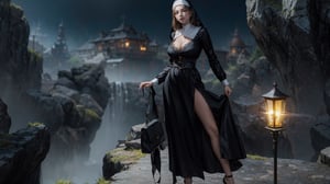 full body, 1girl, looking at viewer, large breasts, sexy nun clothes, garterbelt, lace, cleavage, detailed clothing, cutout clothing, hair accessories, different hairstyle, earrings, pussy edge, night, light,
cinematic composition, dynamic composition, dynamic angle, cowboy shot, pussy focus, fantasy, science fiction,
digital painting, official art, unity 8k wallpaper, masterpiece, best quality, chimaiv7,