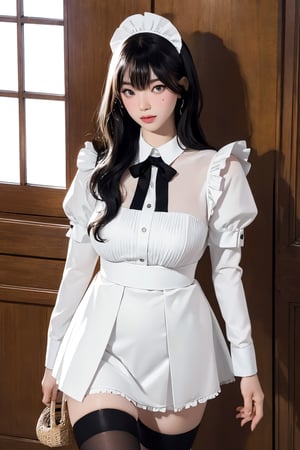 nsfw, full body, 1girl, looking at viewer, maid, thighhigh, high quality, ultra detailed, highres, 8k, accurate color reproduction, intricate background, best quality, photo by Canon 5d, 50mm ZEISS lens, sharp focus, natural lighting, profesional and intricate lighting, wide angle, chimai,aespakarina