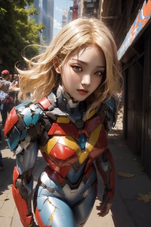 8k portrait of beautiful girl with blonde hair, wearing bodysuit, walking to the viewer, close-up photo, majestic, digital photography, ruled of third composition, art by artgerm and ruan jia and greg rutkowski surreal painting, broken glass, (masterpiece, sidelighting, finely detailed beautiful eyes: 1.2), hdr, (detailed background cyberpunk city in lush rainforest : 0.7),stationary_restraints,mecha musume,mecha,SRS, fullbody, 