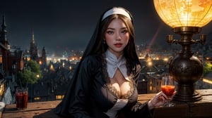 thigh up body, 1girl, looking at viewer, large breasts, sexy nun, garterbelt, lace, cleavage, detailed clothing, cutout clothing, hair accessories, different hairstyle, earrings, pussy edge, night, light,
cinematic composition, dynamic composition, dynamic angle, cowboy shot, pussy focus, fantasy, science fiction,
digital painting, official art, unity 8k wallpaper, masterpiece, best quality, chimaiv7,chimaiv7