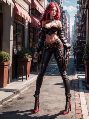 ((full body,)) high resolution,1girl, solo, shining skin, large breasts, wide angle, on street, cityscape, city light, building, photorealistic, best quality, masterpiece, 8K resolution, katarina, cleavage, bustier, midriff, belt, black pants,chimaiv7